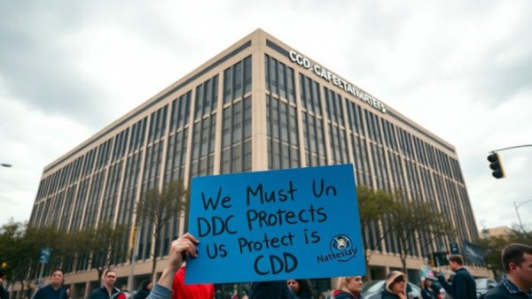 Protest sign supporting CDC held outside headquarters amid workforce crisis.