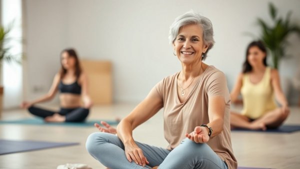 Happy midlife woman in yoga class - Health Coaching for Midlife Women