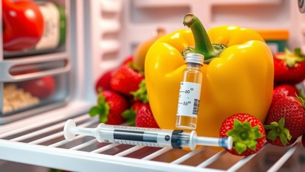 GLP-1 medication in fridge with fresh produce and dairy.