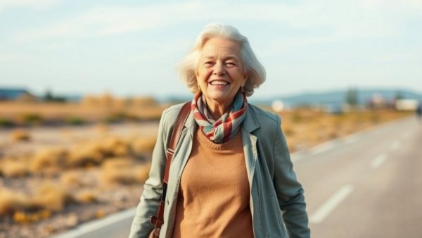 Elderly woman walking outdoors to promote menopause and bone health