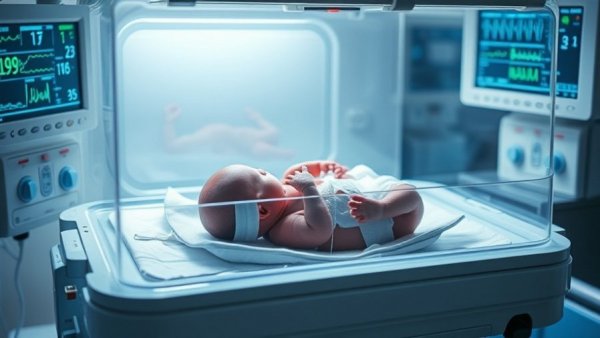 Premature infant care in neonatal incubator with monitors.