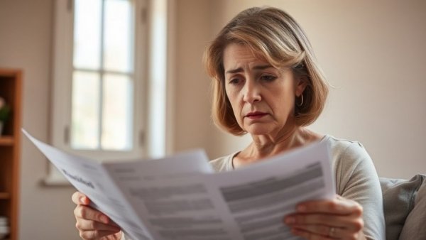 Concerned woman reviewing canceled health insurance due to small balance.