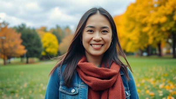 Woman outdoors in park with testimonial about sleep and menopause.