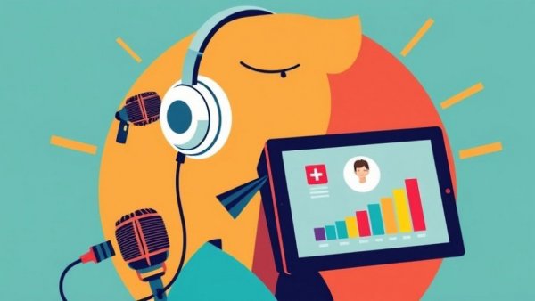 Graphic design of health news podcast with microphones, headphones, and analytics