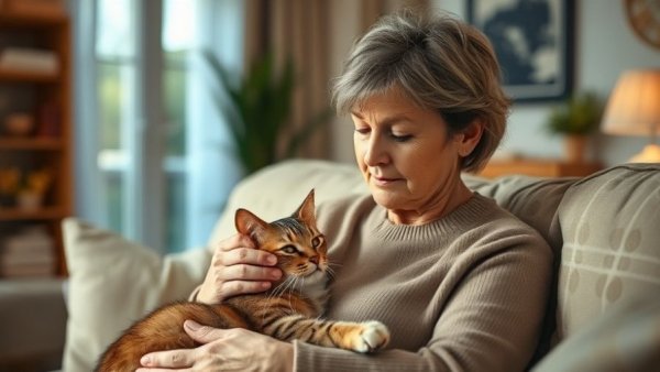 Middle-aged woman with cat, calm living room, post-mastectomy pain syndrome.