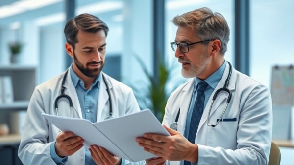 Doctor explaining patient notes in a clinical office setting.
