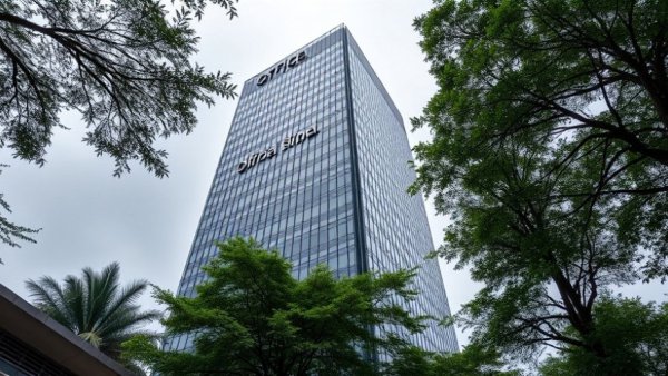 U.S. office building sign surrounded by trees and shrubs under cloudy sky.