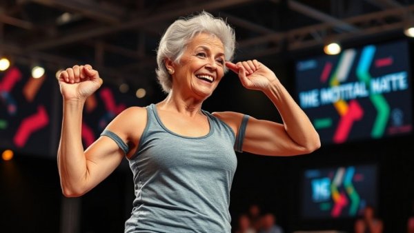 Energetic older woman exercising on stage with motivational text about menopause.