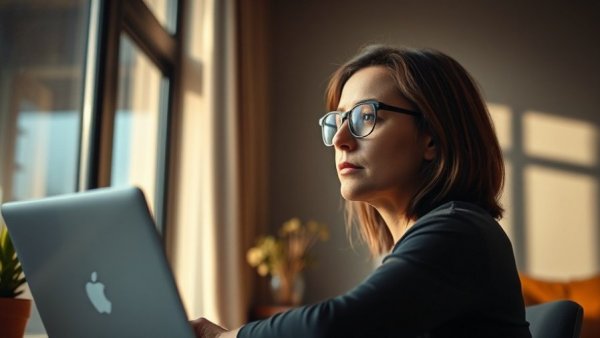 Thoughtful woman in home office contemplating perimenopause symptoms and tips.