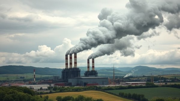 Steel plant with smoke plumes under cloudy sky, environmental impact.