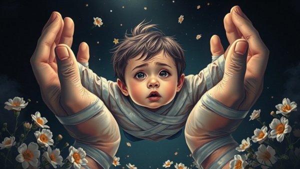 Surreal illustration of child welfare issues in immigration detention, child surrounded by hands with ICE tape.