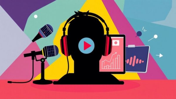 Stylized media illustration with headphones and microphones.