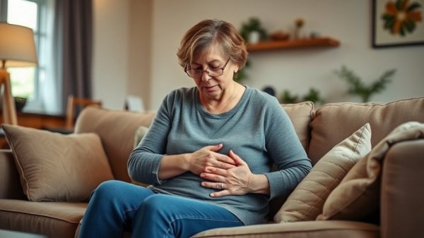 Mature woman experiencing joint pain during menopause, seated on couch.