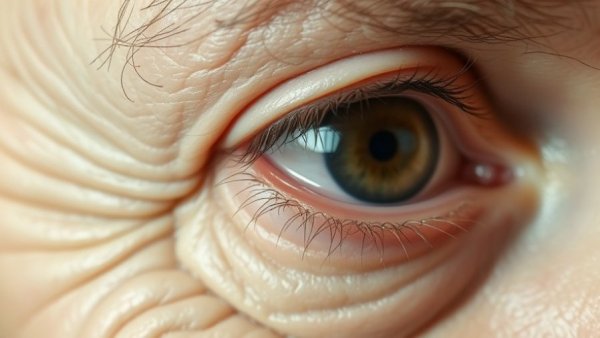 Detailed close-up of an aging eye with wrinkles, related to fatty acids for failing vision.
