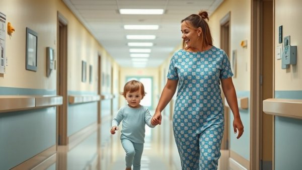 Mother and child walking in hospital corridor, symbolizing healthcare access.