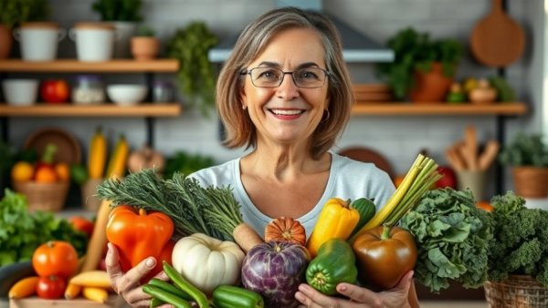 Healthy foods and gut health during menopause for women in a kitchen.