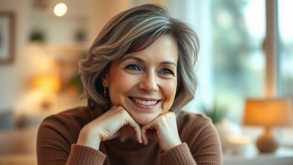 Happy middle-aged woman experiencing post-menopause changes.