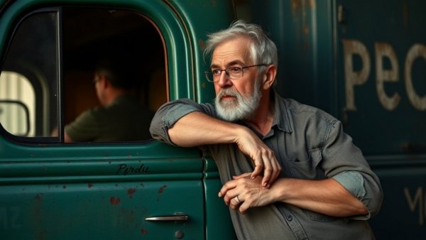 Contemplative older man outdoors by truck, suicide prevention context.