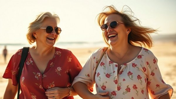 Happy mature women on beach representing post-menopause health strategies
