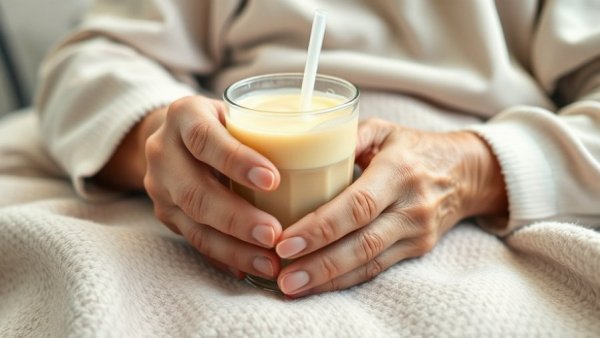 Elderly hands holding nutritional drink, highlighting HHS Healthy Food Agenda.