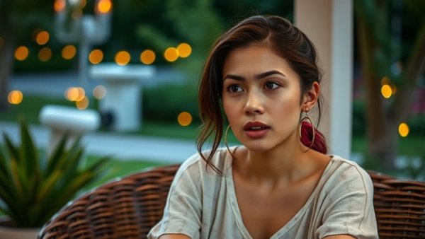 Young woman expressing emotions outside in a garden setting.
