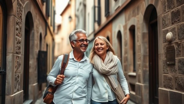 Joyful couple exploring European alley, Travel Slows Aging.