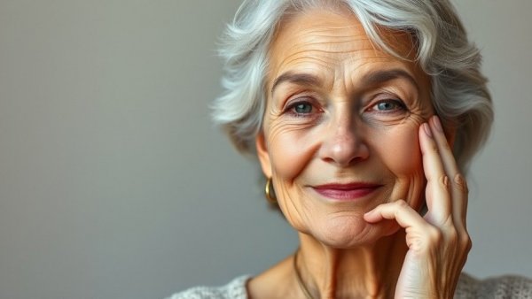 Confident older woman touching face, illustrating health and vitality.
