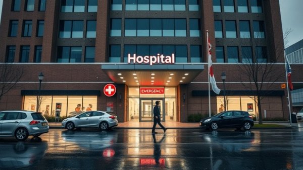 Minnesota charity care proposal: modern hospital emergency entrance on rainy day