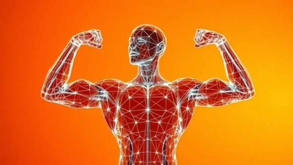 Wireframe human form flexing muscles, protein boost imagery.