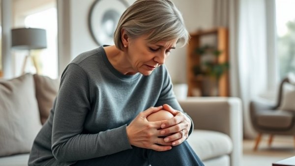 Woman experiencing menopausal joint pain holding her knee.