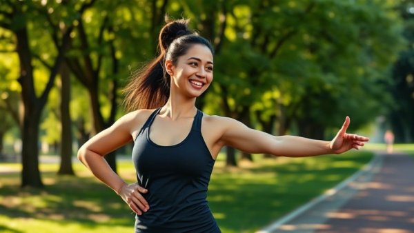 Woman doing morning exercise for blood pressure reduction outdoors.