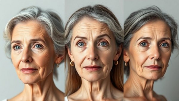 Three stages of aging illustrated through female portraits in two-stage aging process.