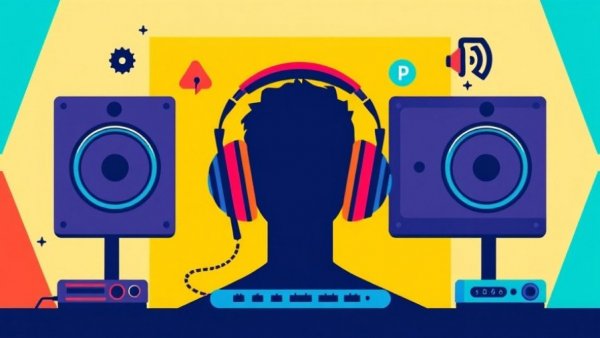 Modern illustration of audio equipment in vibrant colors for California Medi-Cal budget.