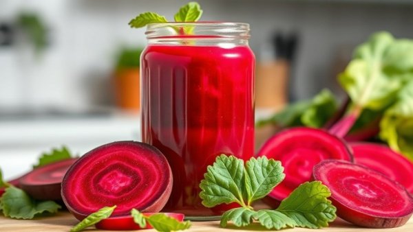Beet juice in a jar with fresh beets, illustrating health benefits.