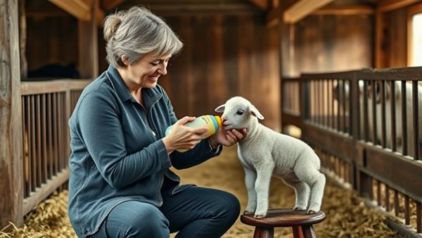 Woman nurturing a lamb in a rustic barn environment.