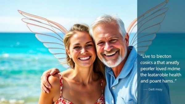 Middle-aged couple enjoying the beach with health testimonial.