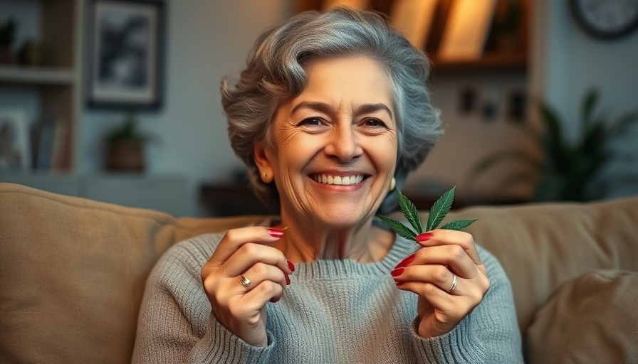 Senior woman enjoying cannabis use in a cozy living room.