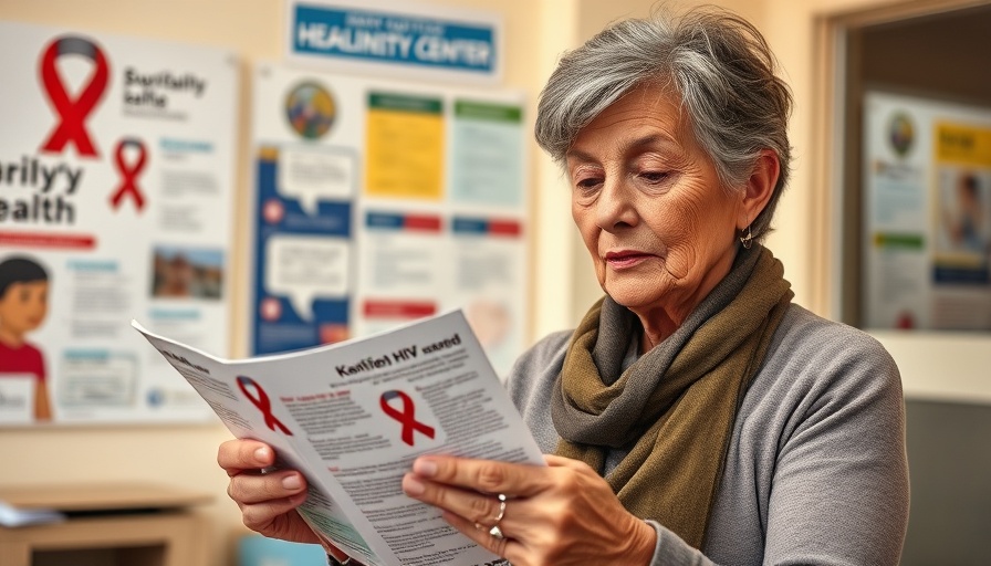 Middle-aged woman reading HIV awareness pamphlet in health center.