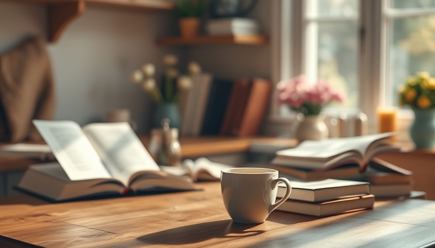 Cozy kitchen with morning coffee, books, and flowers, soft light.