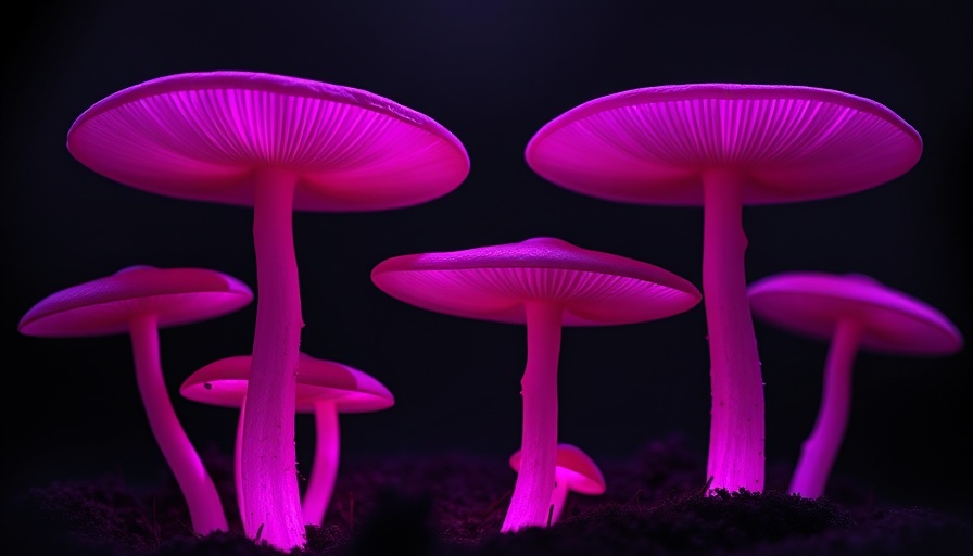 Vibrant magic mushrooms glowing with purple light effects