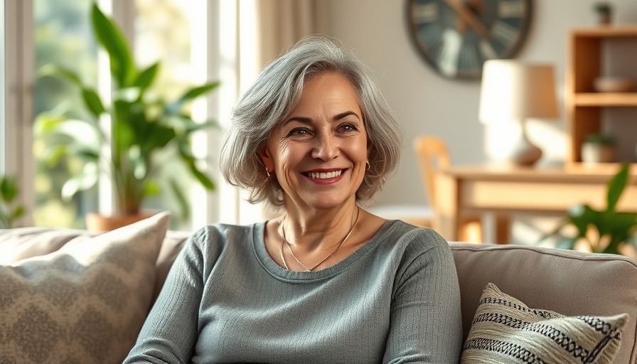 Serene middle-aged woman relaxing in cozy living room.