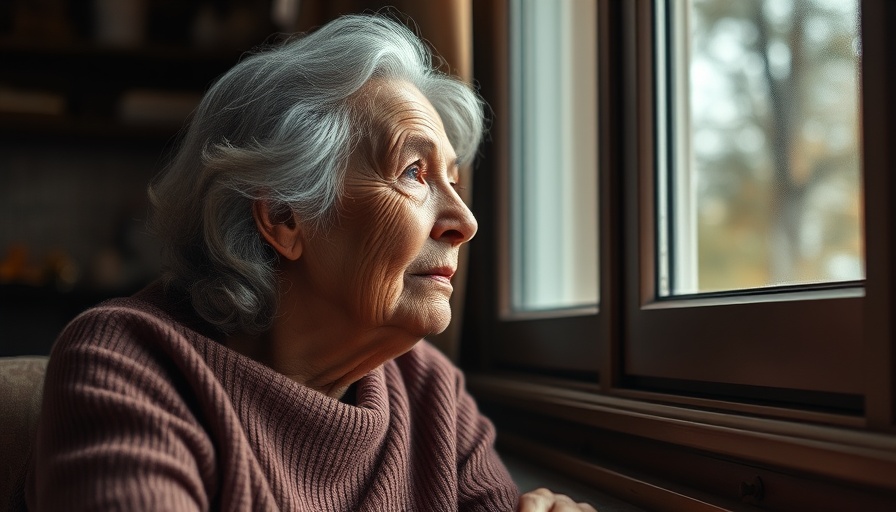 Elderly woman reflecting by window, symbolizing hearing loss and memory decline.