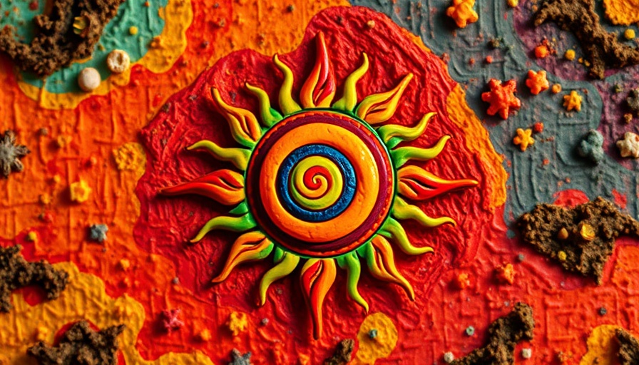 Colorful sun symbol, abstract textured background