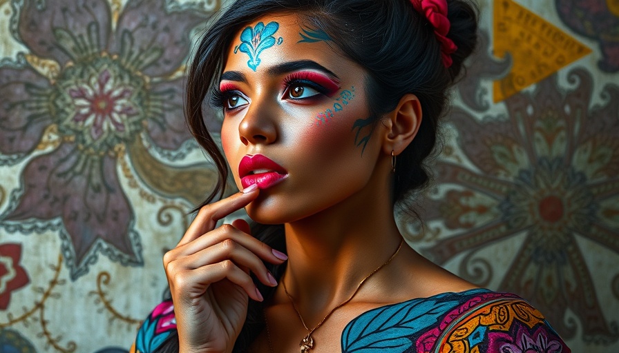 Colorfully painted woman in thought, representing mindful reflection.