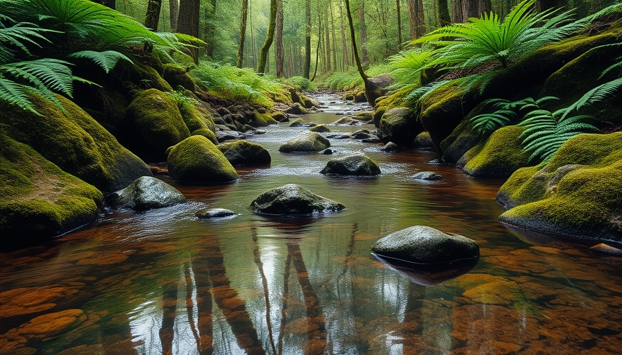 Tranquil forest stream reflecting trees, natural menopause relief.