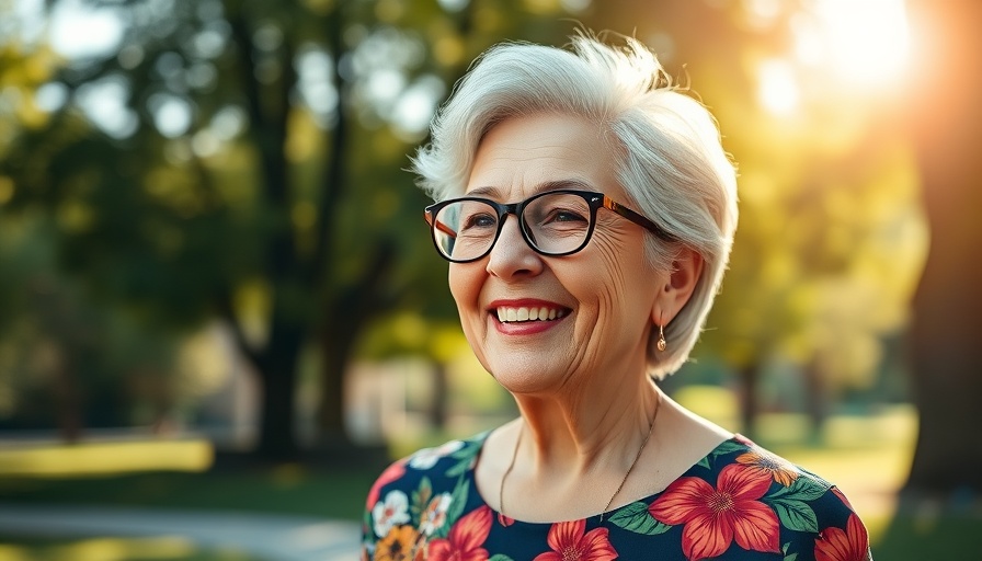 Joyful elderly woman outdoors in floral dress, smiling.