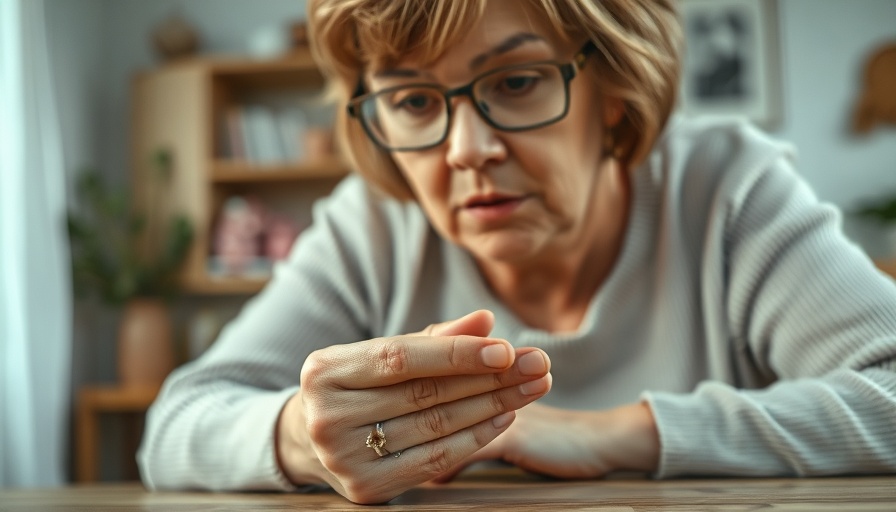 Middle-aged woman examining brittle nails during perimenopause.