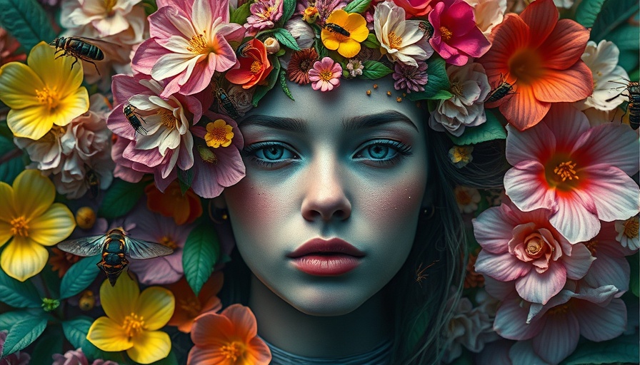 Surreal woman with floral brain, illustrating menopause mood swings.