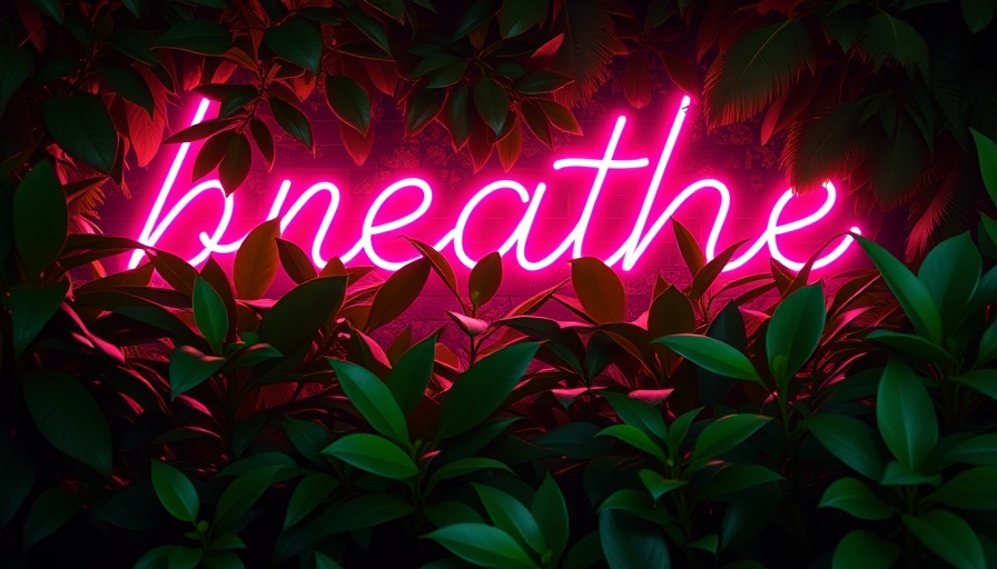 Vibrant neon sign saying 'breathe' glowing among lush leaves. Natural Menopause Remedies You Can Try at Home.