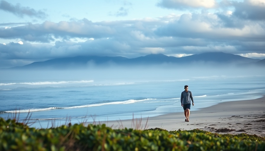 Couple walking on misty beach, symbolizing menopause experiences.